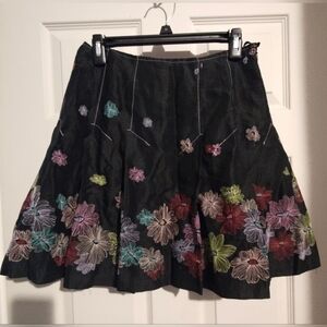 Anne Carson Black Skirt with Colorful Floral Embroidery